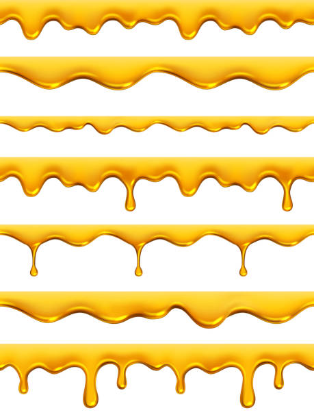 Honey dripping seamless. Yellow golden natural product honey splashes realistic syrup liquid oil vector patterns collection Honey dripping seamless. Yellow golden natural product honey splashes realistic syrup liquid oil vector patterns collection. Illustration droplet oil or honey, golden fluid drip honey stock illustrations