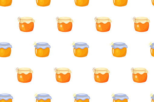 Honey seamless pattern. Cartoon colored jam jars on white background.