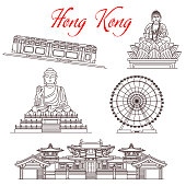 Hong Kong travel landmarks, Buddhism architecture and famous sightseeing symbols. Vector Buddhist temples, Tian Tan Big Buddha in Lotus statue, Ferris wheel and Peak Tram funicular