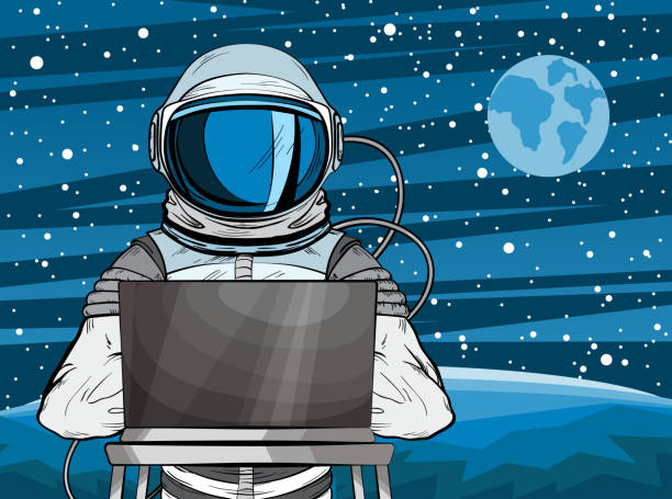 ilustrações de stock, clip art, desenhos animados e ícones de hooded hacker astronaut behind a laptop in pop art style. cosmonaut on mars planet surface - people portugal