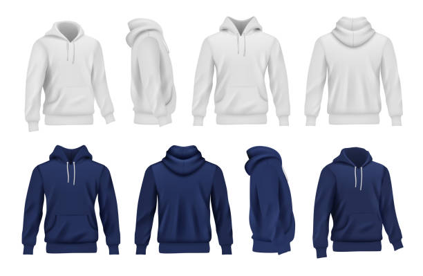 Hoodie collection. Black and white sport casual clothes for men decent vector realistic mockup Hoodie collection. Black and white sport casual clothes for men decent vector realistic mockup. Hoody clothing fashion, sweatshirt textile illustration blank hoodie template drawing stock illustrations