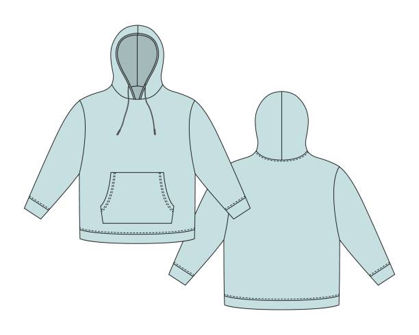 Hoodie template in eggshell blue color. Apparel hoody technical sketch mockup. Hoodie template in eggshell blue color. Apparel hoody technical sketch mockup. Sweatshirt with hood, pockets. Unisex jumper. Casual clothes. Front and back. CAD fashion vector illustration blank hoodie template drawing stock illustrations