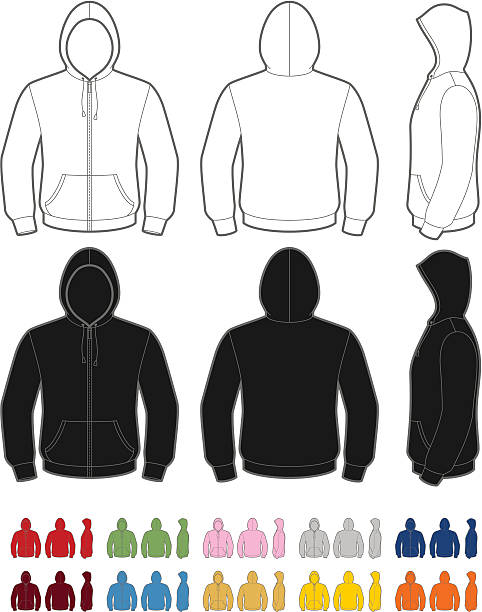 Hoodie Vector illustration of a hoodie with pockets. Zip and pockets can be easily removed. Front, rear and side views. Easy color change. hoodie stock illustrations