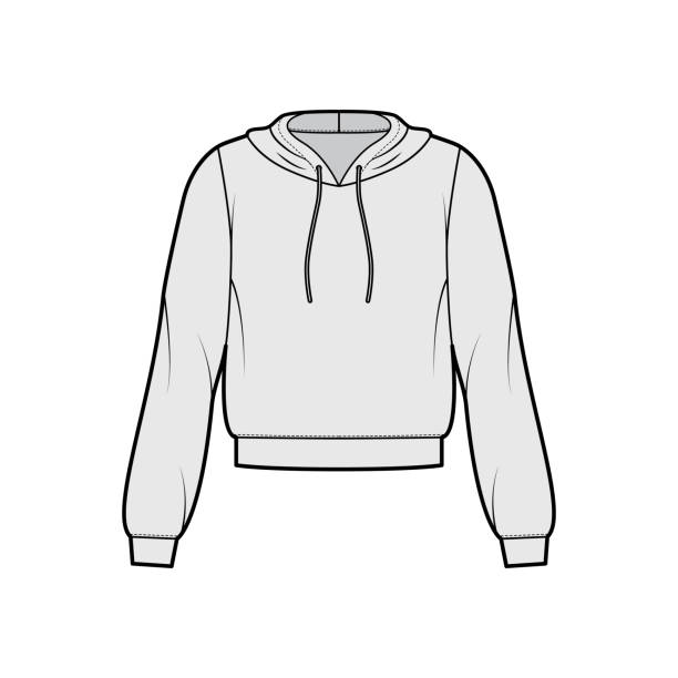 Hoody sweatshirt technical fashion illustration with long sleeves, relax body, banded hem, drawstring. Flat medium Hoody sweatshirt technical fashion illustration with long sleeves, relax body, banded hem, drawstring. Flat medium apparel template front, grey color style. Women, men, unisex CAD mockup blank hoodie template drawing stock illustrations