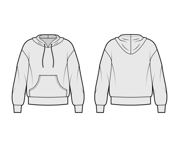 Hoody sweatshirt technical fashion illustration with long sleeves, oversized body, kangaroo pouch, banded hem Hoody sweatshirt technical fashion illustration with long sleeves, oversized, kangaroo pouch, banded hem, drawstring. Flat large apparel template front, back, grey color. Women, men, unisex CAD mockup blank hoodie template drawing stock illustrations