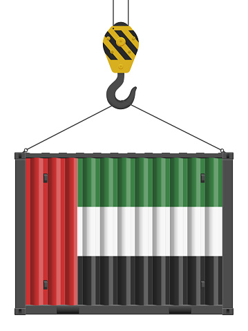 Hooked cargo container with UAE flag