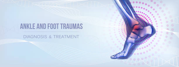 Horizontal ankle and foot traumas banner for social media Horizontal light blue banner with ankle and foot joints traumas concept. For advertising, medical publications in social media. Realistic bones of foot skeleton of human leg. Vector illustration stock vector. pain backgrounds stock illustrations