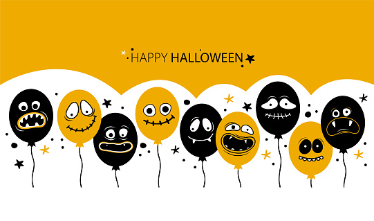 Horizontal banner template for happy Halloween. Balloons with creepy faces, jaws, teeth and open mouths. Cartoon character Ghost, monster, Jack Skellington. Place for text. Hand drawn illustration