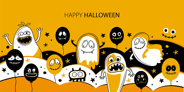 Horizontal banner template for happy Halloween. Balloons with creepy faces, jaws, teeth and open mouths. Cartoon character Ghost, monster, Jack Skellington. Place for text. Festive vector illustration