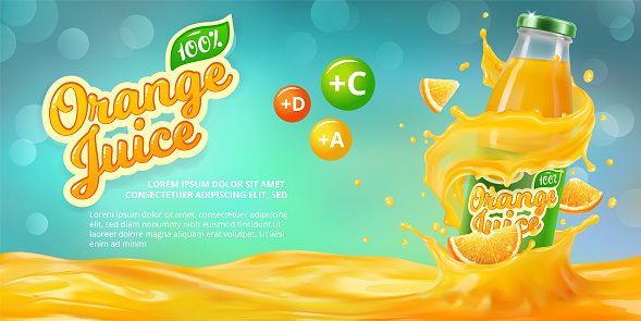 Horizontal banner with 3D realistic advertising of orange juice, a bottle in a splash of orange juice among the splashes and a symbol
