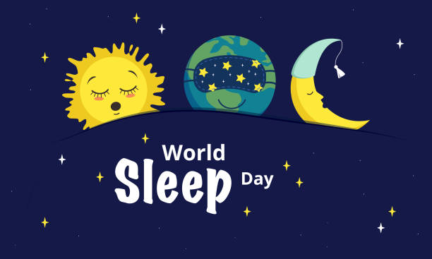Horizontal bright poster for World Sleep Day Horizontal bright poster for World Sleep Day. Sleeping icons of the planet Earth, the moon and the sun under the covers. Vector flat cartoon illustration sleeping stock illustrations
