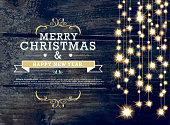 Vector Illustration of Merry Christmas and New Year invitation design template with string lights. Sample text design. Easy layers for customizing. Dark blue background with string of lights. Use for party invitations for corporate functions, family parties. Festivities with loved ones, good food, drinks, santa, new year, toast, elegance, formal, hats and horns.