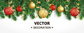 Horizontal banner with christmas tree garland and ornaments. Hanging gold and red balls and ribbons. Great for flyers, posters, headers. Vector illustration