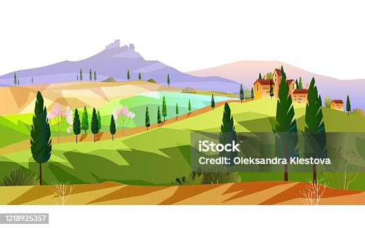 istock Horizontal Italian landscape with mountains, hills, vineyard, cypress. 1218925357