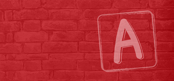 Horizontal panoramic weathered bright vibrant red color brick pattern wall textured grunge vector backgrounds with one framed pink coloured big capital letter A painted towards the right on it