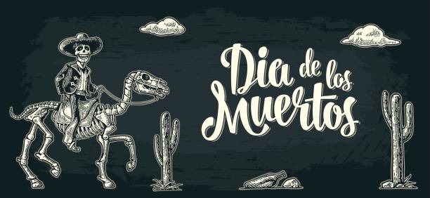 Horizontal poster for Day of the Dead. Dia de los Muertos lettering. Horizontal poster for Day of the Dead. The rider in the Mexican man national costumes galloping on skeleton horse. Dia de los Muertos lettering. Vintage vector white engraving on dark background running borders stock illustrations