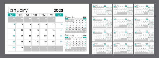 Horizontal quarterly calendar for 2022. Week starts on Sunday. A set of 12 calendar pages. Vector template. Horizontal quarterly calendar for 2022. Week starts on Sunday. A set of 12 calendar pages. Vector template. monthly event stock illustrations
