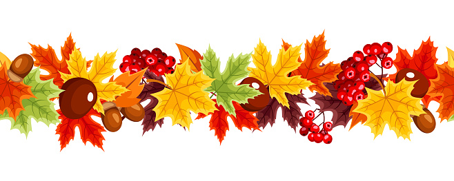 Horizontal seamless border with colorful autumn leaves. Vector illustration.