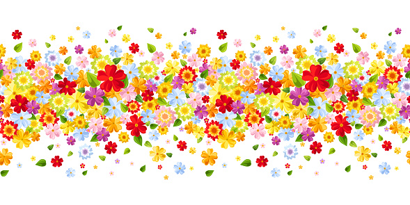 Horizontal seamless border with colorful flowers. Vector illustration.