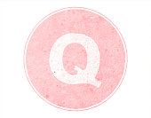 A faded pink colored alphabet Q in bold font over a pale light pink grunge circular backdrop. There is ample copy space and no people. Apt for use as educational and learning tools or charts for kids. This vector illustration is part of a complete series of 26 alphabets A to Z   number digits 0, 1, 2, 3 to 10 and some special characters like at the rate, check mark, cross or caution mark, question mark, dollar USD and INR rupee symbols.