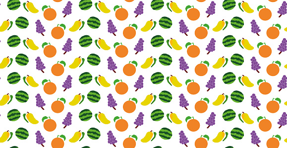 A horizontal vector illustration of seamless pattern of cartoon art work fruits like orange, grapes, mangoes, watermelon arranged in wavy pattern all over white background