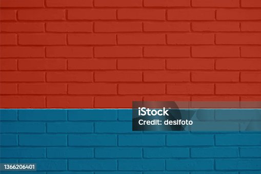 istock Horizontal vibrant bright dark red or maroon and colored painted bricks pattern uneven wall grunge textured vector backgrounds partitioned by long blocks cladding all over with dark blue border at the bottom 1366206401