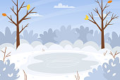 istock Horizontal winter, snowy landscape. Bare trees, snow-covered bushes, frozen lake, snowdrifts. Color vector illustration. Nature background with empty space for text 1327211917