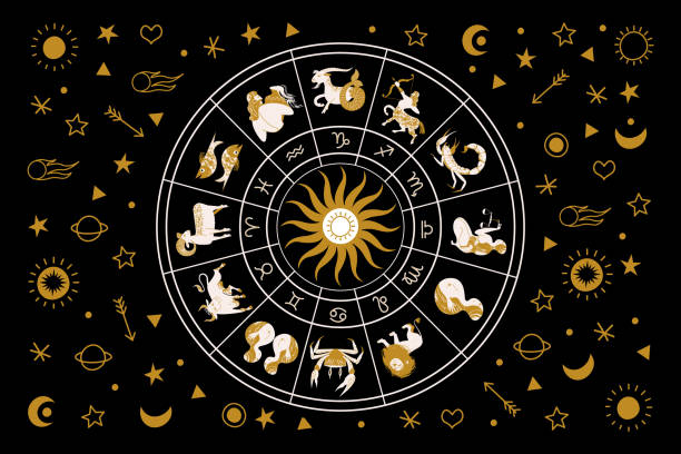 Horoscope and astrology. Horoscope wheel with the twelve signs of the zodiac. Zodiacal circle. Vector illustration. Horoscope and astrology. Horoscope wheel with the twelve signs of the zodiac. Zodiacal circle. Zodiac signs Aries, Taurus, Gemini, Cancer, Leo, Virgo, Libra, Scorpio, Sagittarius, Capricorn, Aquarius, Pisces. Vector illustration. astrology stock illustrations