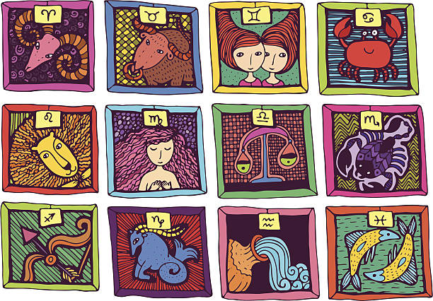 illustrazioni stock, clip art, cartoni animati e icone di tendenza di oroscopo - segni zodiacali