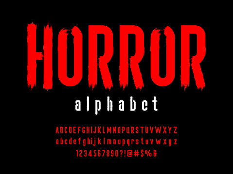 Vector of stylized horror alphabet design with uppercase, lowercase, numbers and symbols