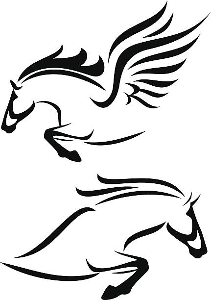 horse and pegasus black and white vector outlines of jumping horse and pegasus pegasus stock illustrations