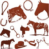 Set of vector silhouettes of horse and Western Riding related design elements with texture.