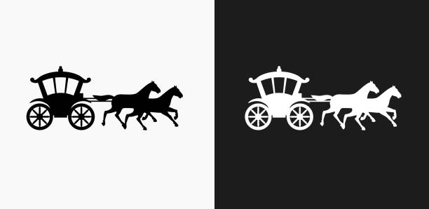 Horse Carriage Icon on Black and White Vector Backgrounds Horse Carriage Icon on Black and White Vector Backgrounds. This vector illustration includes two variations of the icon one in black on a light background on the left and another version in white on a dark background positioned on the right. The vector icon is simple yet elegant and can be used in a variety of ways including website or mobile application icon. This royalty free image is 100% vector based and all design elements can be scaled to any size. carriage stock illustrations