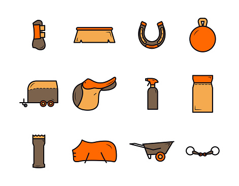 Horse equipment icons. Horse care tools icons colored set. Saddle, horseshoe, fishing rod, foot protection, cleaning agent, brush, feed, wheelbarrow, horse trailer