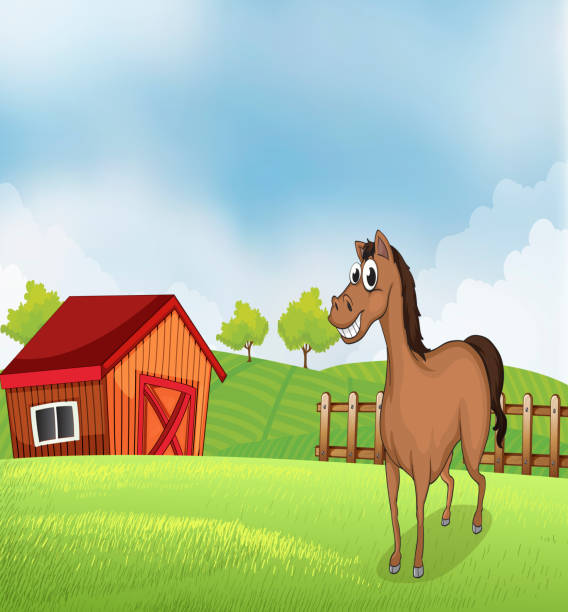 bildbanksillustrationer, clip art samt tecknat material och ikoner med horse in the farm with a wooden house - smiling earth horse