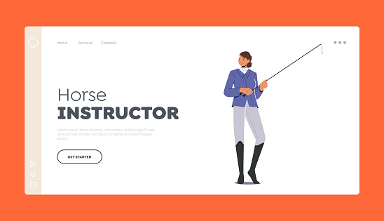 Horse Jockey, Instructor Landing Page Template. Professional Horseman in Uniform, Woman with Whip in Hand