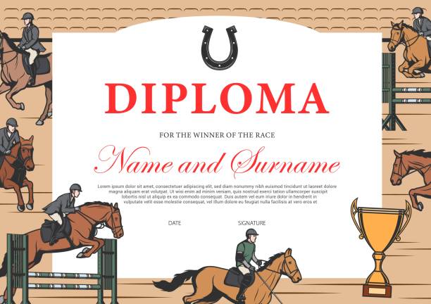Horse race winner diploma, certificate template Horse race winner diploma, certificate vector template. Stallion racing award border design with horse riders on hippodrome. Victory celebration diploma for participation or best result achievement horse borders stock illustrations