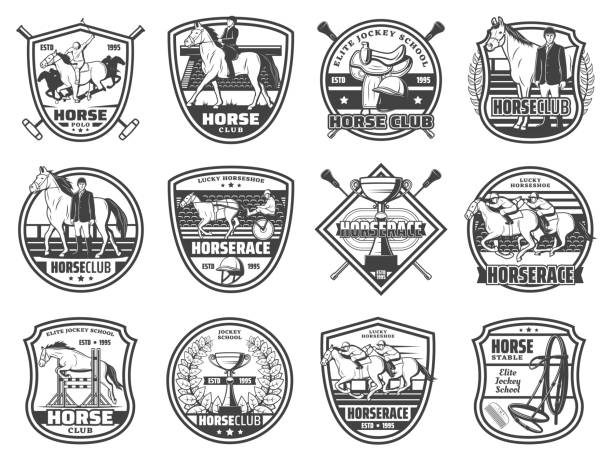 Horse races, equestrian polo sport club badges Equestrian sport, horse races and polo club, vector badges and emblems. Equine racing and jockey rider equipment, harness and saddle, whip and championship victory cup saddle stock illustrations