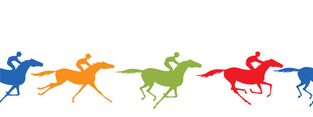 Horse racing silhouette seamless border. Horse and jockey. Galloping horseback riders with yellow, blue, green, red color. Horseracing winner, vector background. horse backgrounds stock illustrations