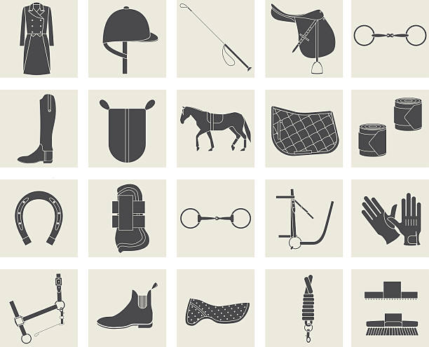 horse riding black icons Collection of horseback riding gear and riding attire. animal harness stock illustrations