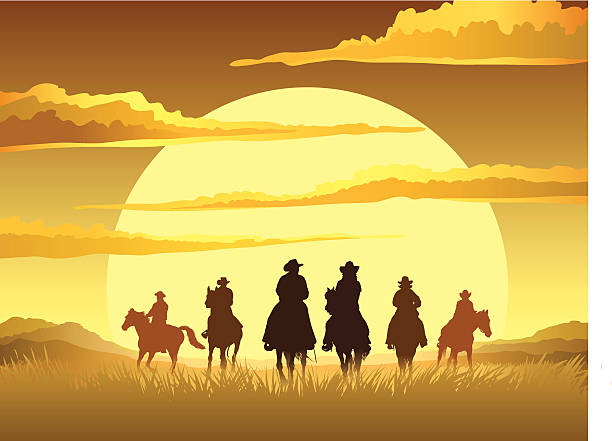 Horse riding cartoon sunset design Team of cowboys silhouette galloping against a sunset background backgrounds silhouettes stock illustrations