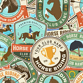 istock Horse riding patches seamless pattern. Vector. Color equestrian background with rider and horse silhouettes. For polo sport and horse riding pattern background or wallpaper. 1368017619
