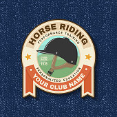 istock Horse riding sport club badge, patch, emblem, logo. Vector illustration. Vintage equestrian label, sticker with helmet silhouettes. 1365312781