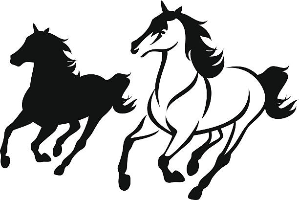 horse run running horse black and white outline and silhouette mustang stock illustrations