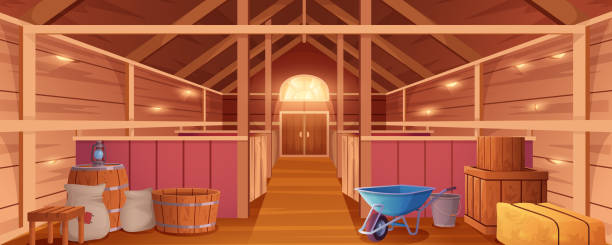 Horse stable interior or farm barn for animals inside view Horse stable interior or barn for animals. Farm house inside view. Empty wooden ranch with stalls, haystacks, sacks, gate and window under roof. Countryside building cartoon vector illustration. horse backgrounds stock illustrations