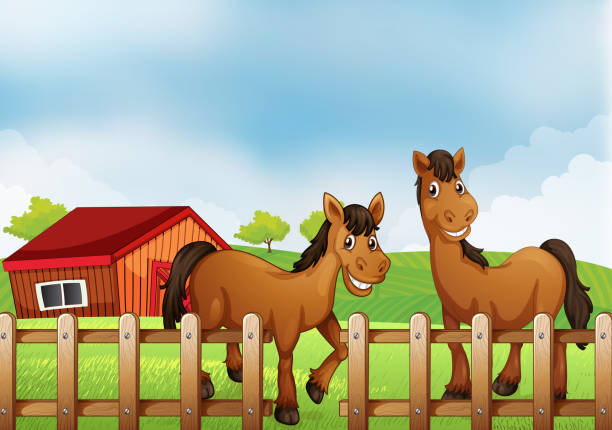 bildbanksillustrationer, clip art samt tecknat material och ikoner med horses inside the wooden fence with a barn - smiling earth horse