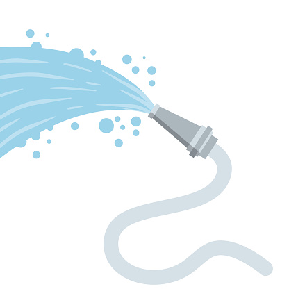 Hose. Jet of water. Grey tube. Flat cartoon illustration isolated on white. Fire fighting and watering of the lawn