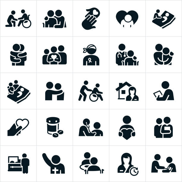 An icon set representing the hospice and palliative care healthcare industry. The icons include elderly people receiving care, a cancer patient, patients in wheelchairs, symbols of hope, family grieving, family support, patients in bed, patients suffering from life threatening illnesses, healthcare professionals, nurses, social workers, medical exams, home care, medication, religious leader and death to name just a few.