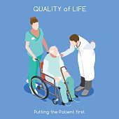 Healthcare Quality of Life as First Aim. QoL as First Care. Patient Disease Hospitalization Medical Insurance Hospital. Old Patient with Doctor Staff. NEW bright palette 3D Flat Vector People