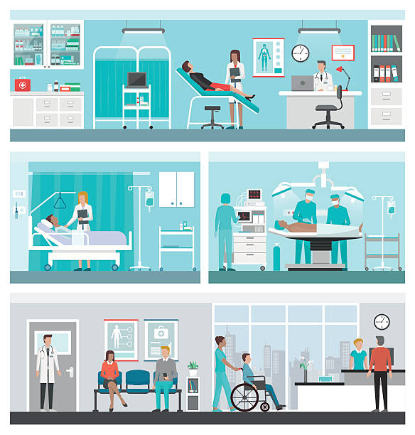 Hospital and healthcare banner set Hospital and healthcare banner set: doctors working in the office, ward, surgery, reception and patients waiting in the corridor patient in hospital bed stock illustrations